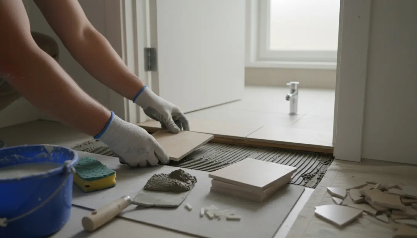 Hænder i handsker lægger halve porcelænsfliser ved dørkarmen i et badeværelse med værktøj og fliseklæber.