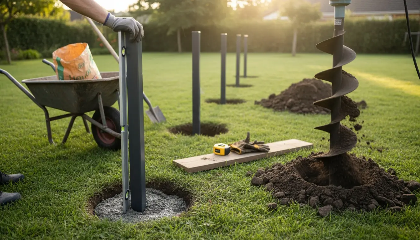 Fire stativpæle graves og støbes i en baghave med boreudstyr og værktøj i forgrunden.