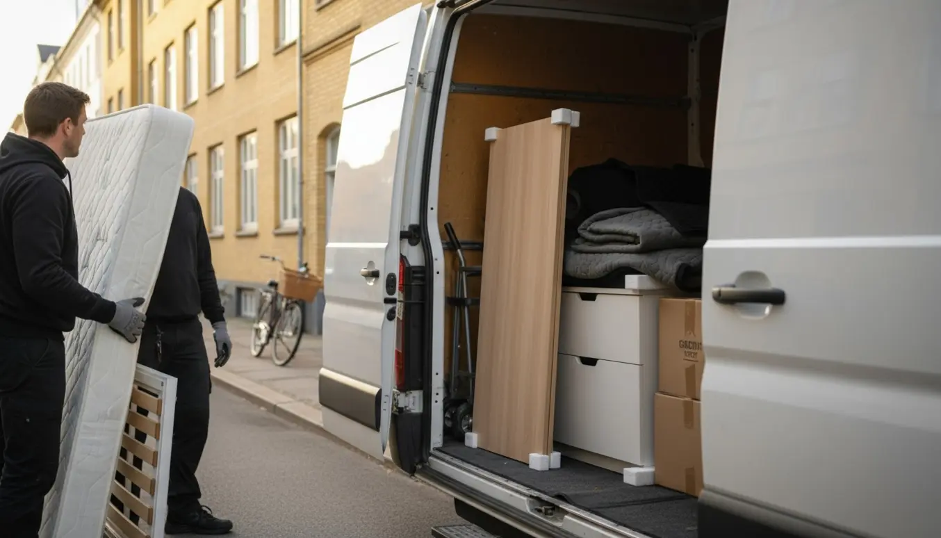 Flyttefolk læsser en enkeltseng, et let skrivebord og en lav hvid kommode ind i en varevogn på en rolig københavnsk gade.