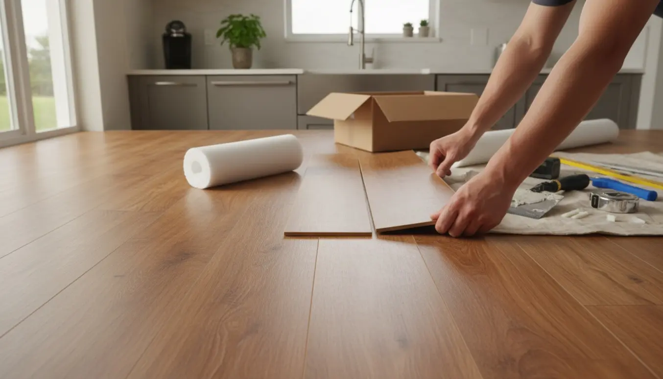 Hænder lægger trælook vinylplanker i et lyst køkken omgivet af værktøj og materialer.