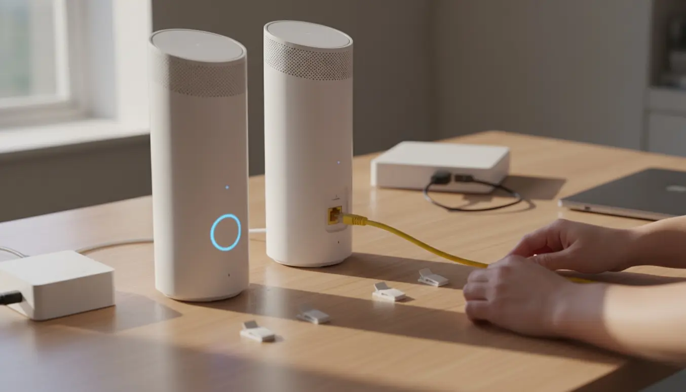 Hænder tilslutter en Orbi-mesh-router direkte til fibernettet, mens en mindre gateway frakobles.