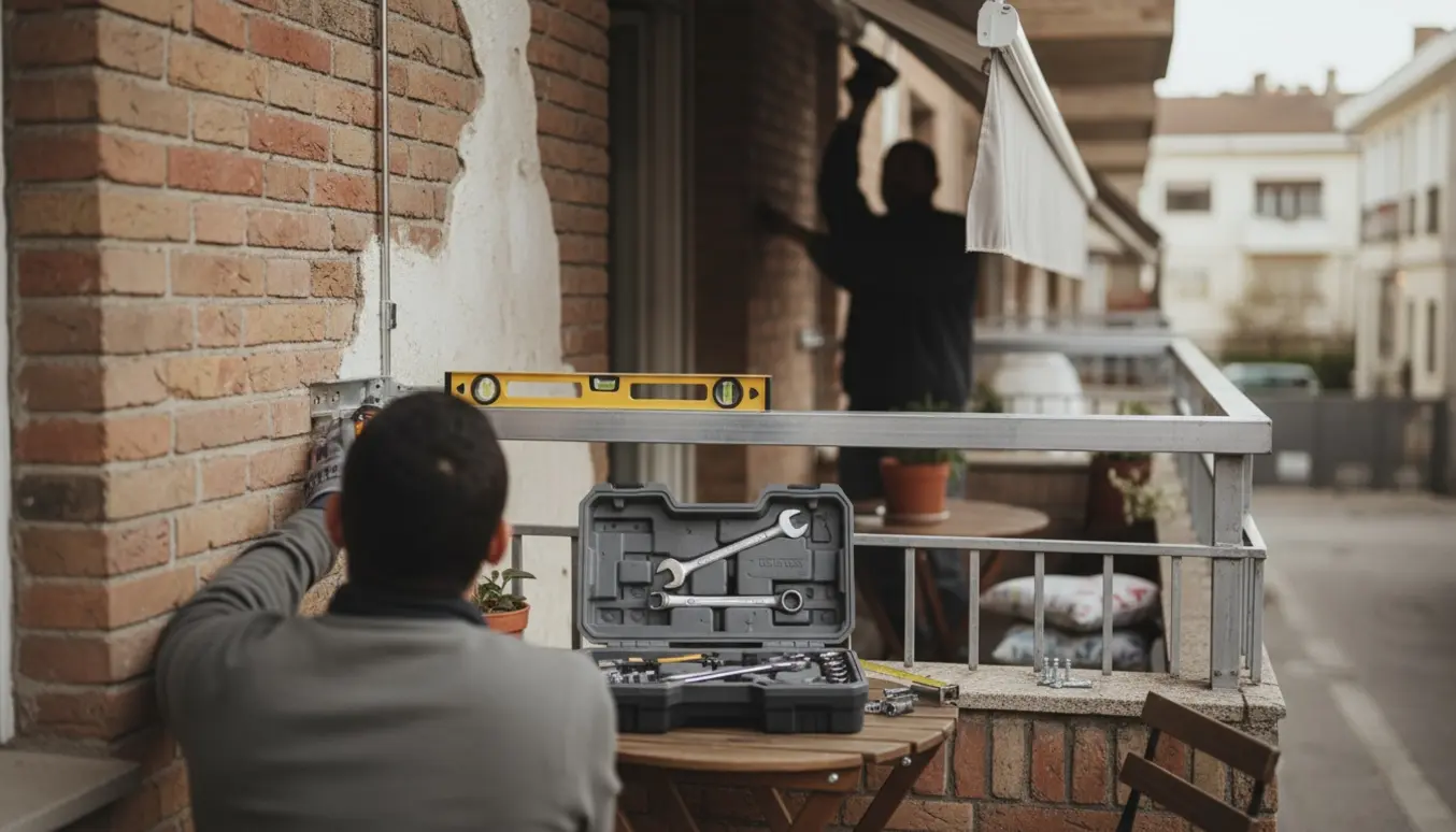 Montage af markise på en lille altan med hænder, værktøj og delvist rullede stof.