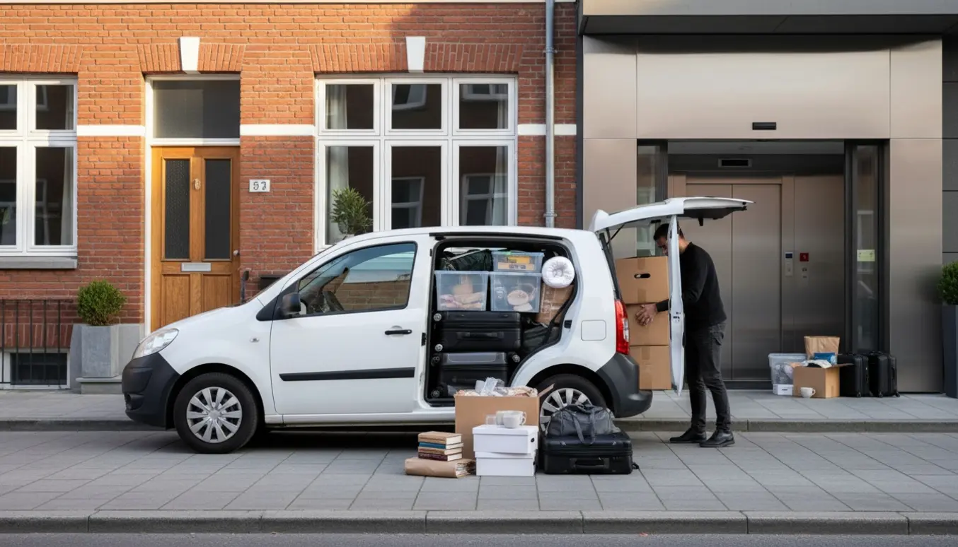 Lille varevogn ved rækkehus og en stak kufferter og flyttekasser stillet foran elevatoren, klar til flytning.