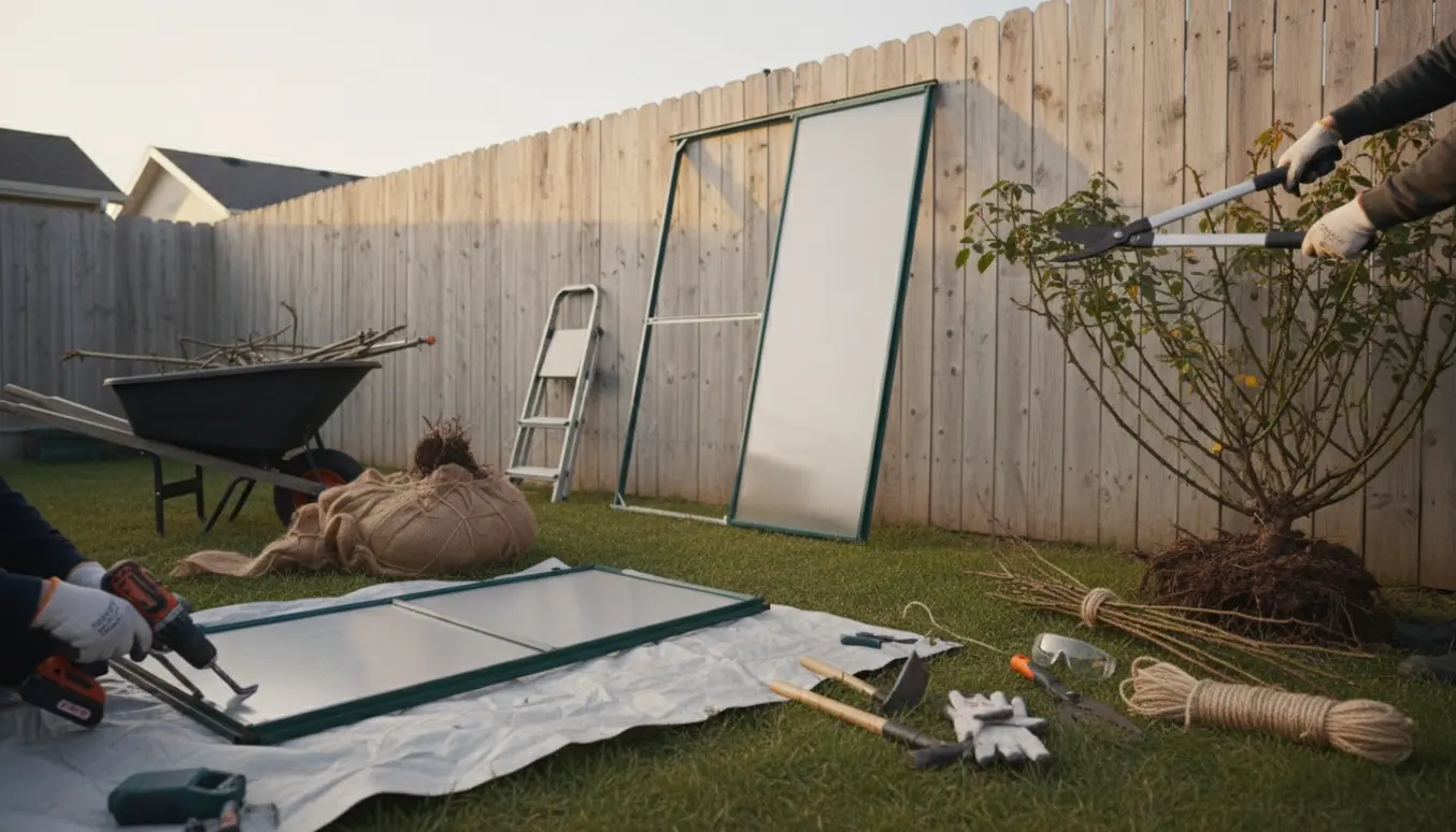Nedtaget lille væksthus ved et plankeværk og en genstridig rosenbusk, med værktøj og afskårne grene i forgrunden.