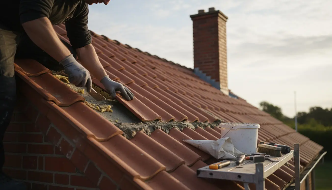Nærbillede af tagreparation på en murermestervilla fra 1930, hvor håndværker påfører mørtel og isætter nye tudsten.