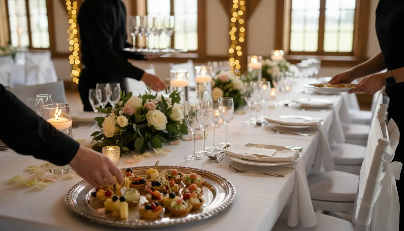 Nærbillede af tjenere, der anretter canapéer og serverer champagne ved en bryllupsreception.