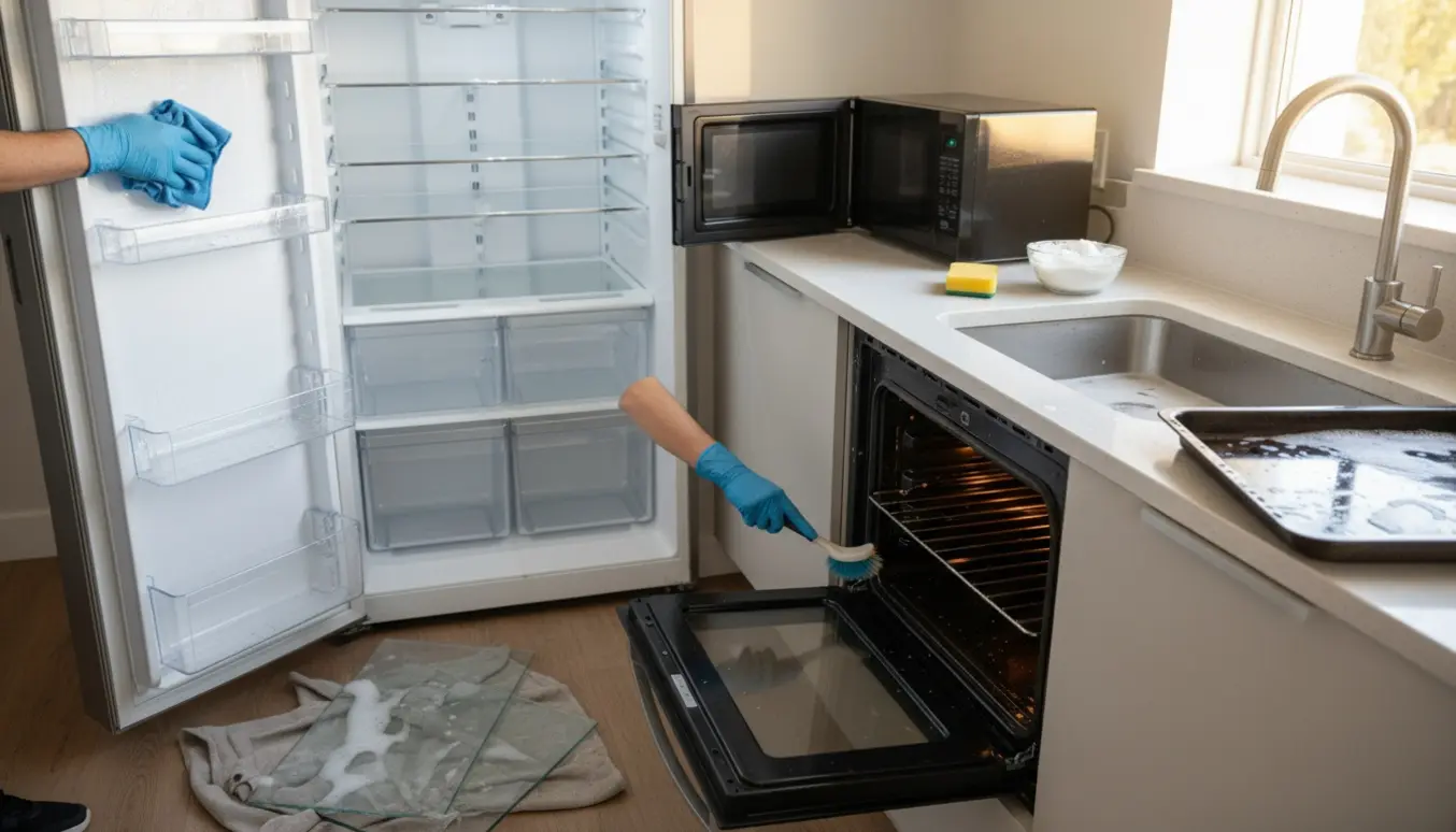 Hænder i handsker rengør et åbent køleskab, mikroovn og ovn i et lyst køkken.