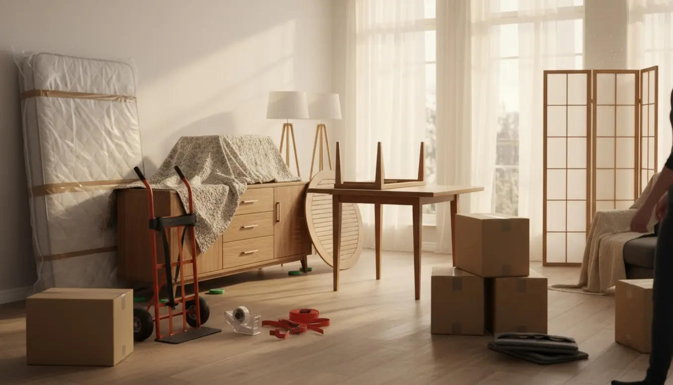 Indpakket møbler og flyttekasser i en lys stue klar til flytning.