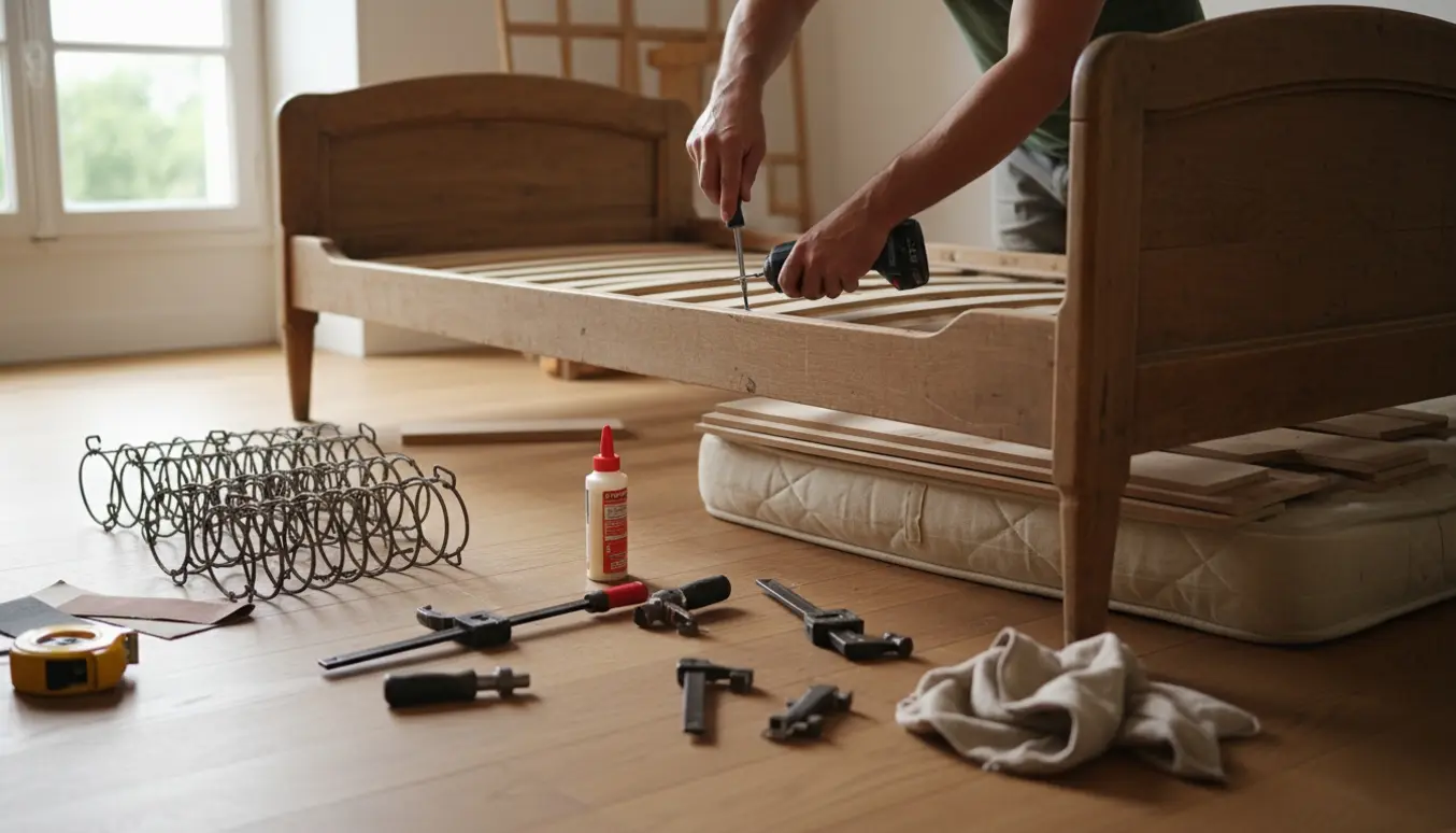 Hænder udskifter gamle fjedre med nye lameller i en gammel fransk underseng i et lyst værksted.