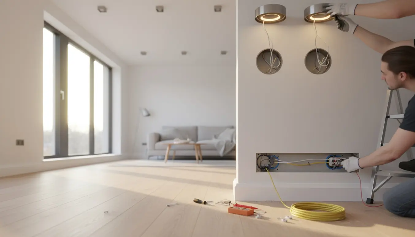 Nærbillede af hænder, der monterer loftspots og tilslutter elkontakter i fjernede gulvpaneler med skjulte ledninger.