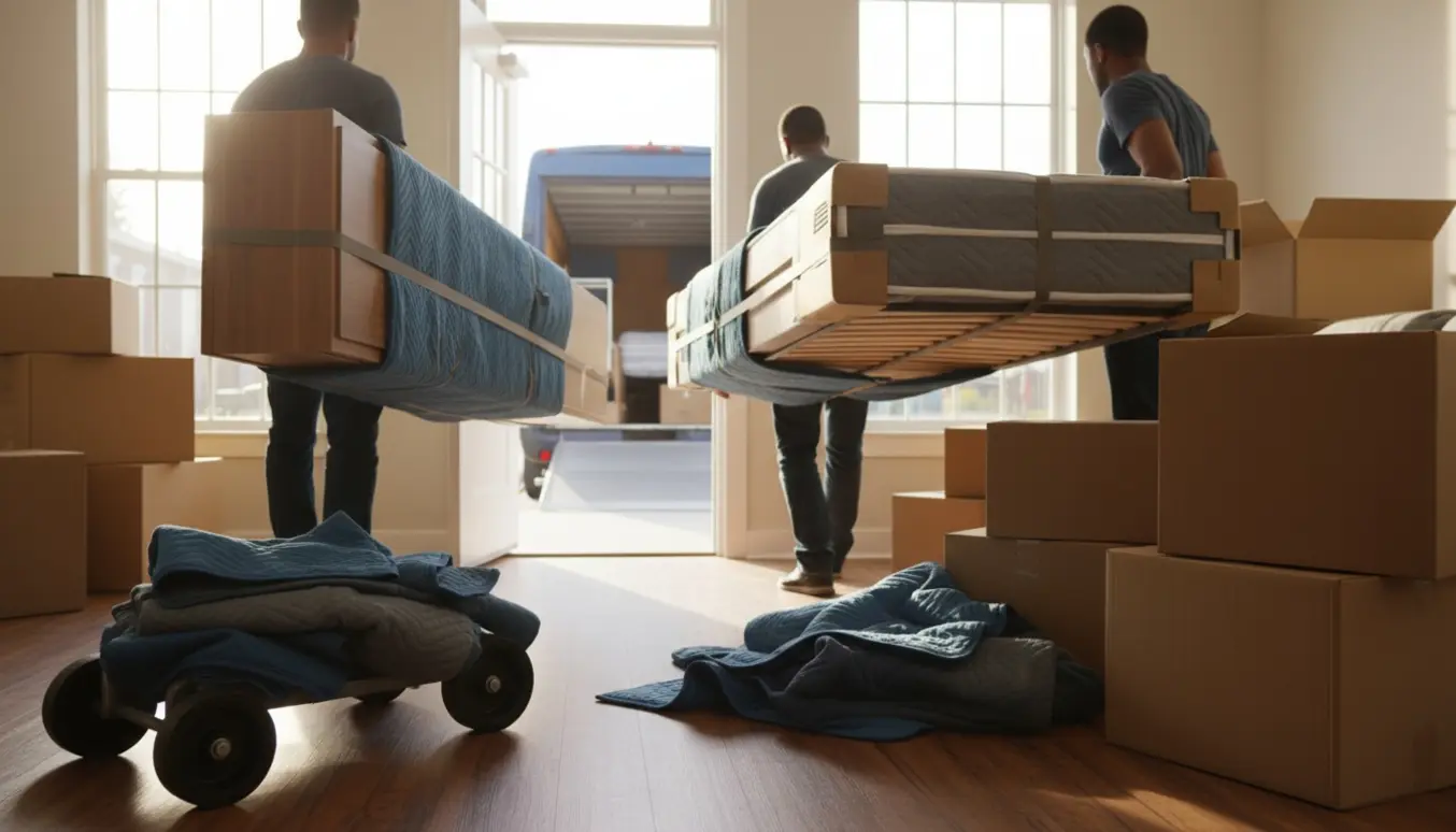 To flyttemænd bærer en opdelt kommode og en indpakket halvandenmandsseng ud mod en flyttebil i sollys.