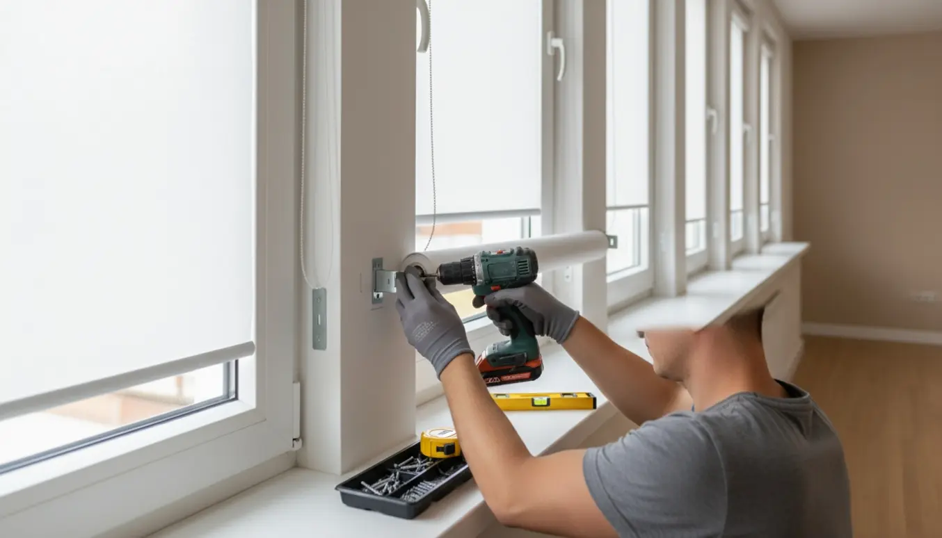 Montør monterer det sidste af syv specialmålte rullegardiner i en lys lejlighed, kun hænder og værktøj er synlige.