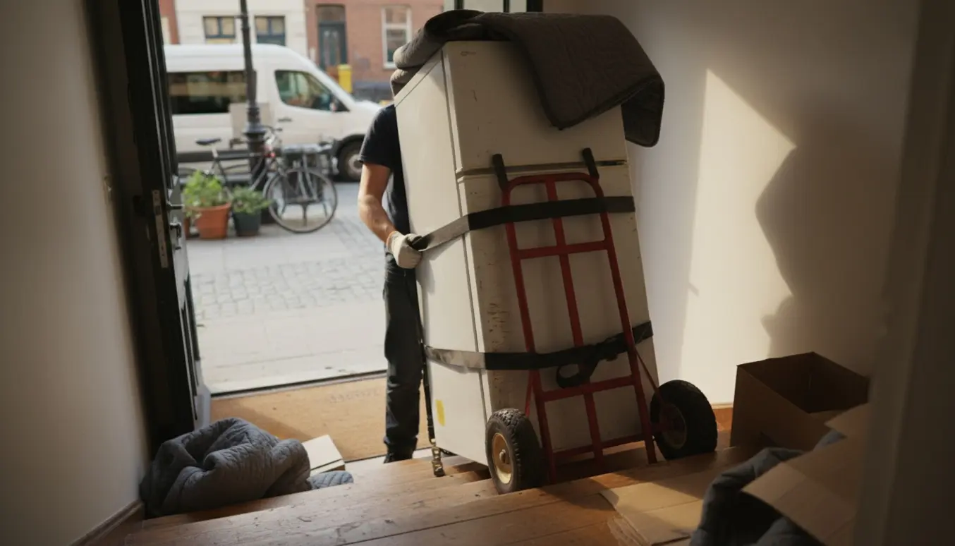 Et køleskab bæres ned ad en opgangstrappe mod en varevogn til afhentning.