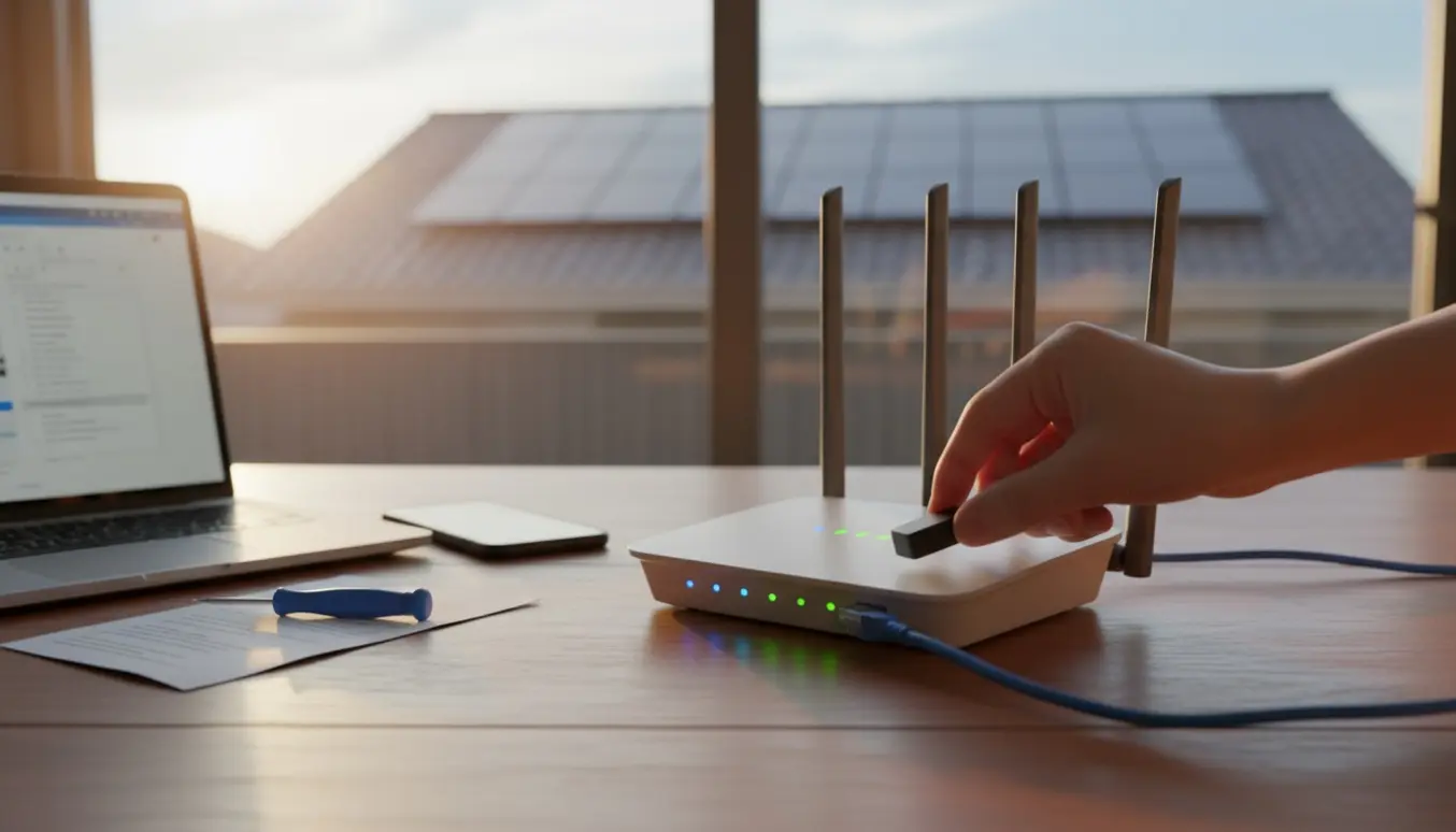 Hænder tilslutter en lille dongle til en trådløs router med solpaneler synlige gennem vinduet.