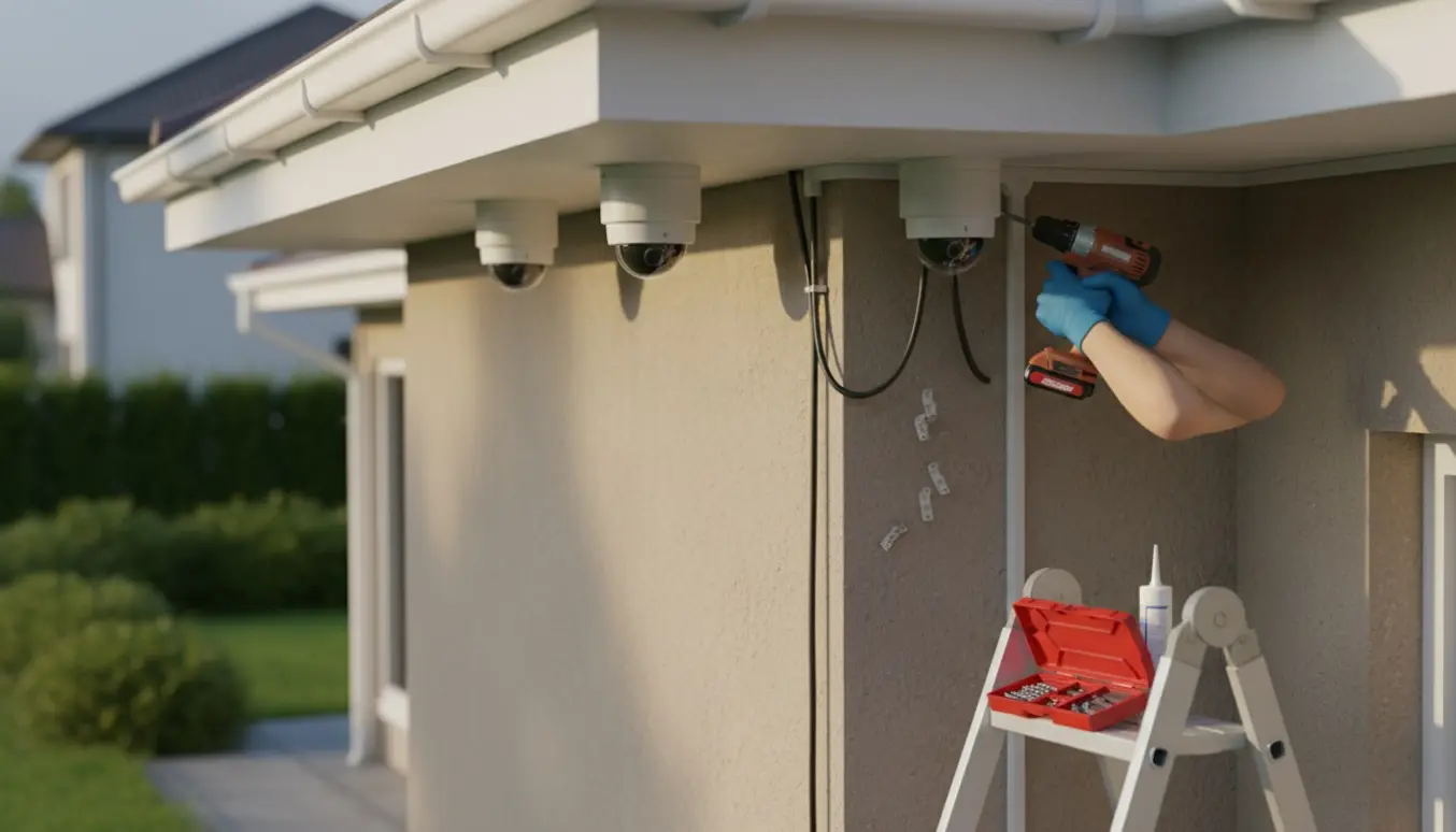 En montør tilslutter og opsætter tre udendørskameraer på husets facade med stige og værktøj.