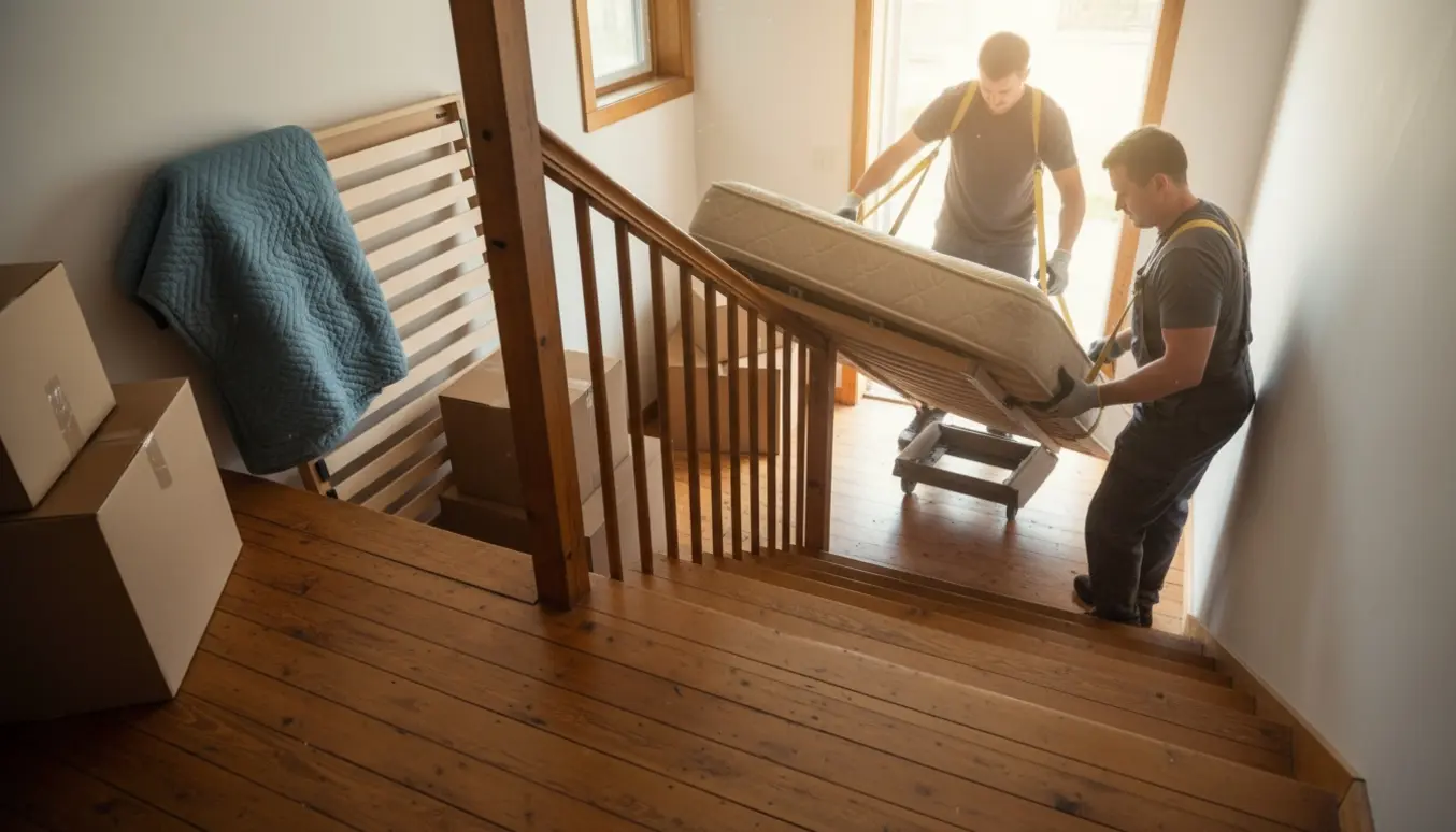 To flyttefolk bærer en 200x140 cm seng ned ad en trappe mod en kælder, omgivet af flyttekasser og beskyttelsestæpper.