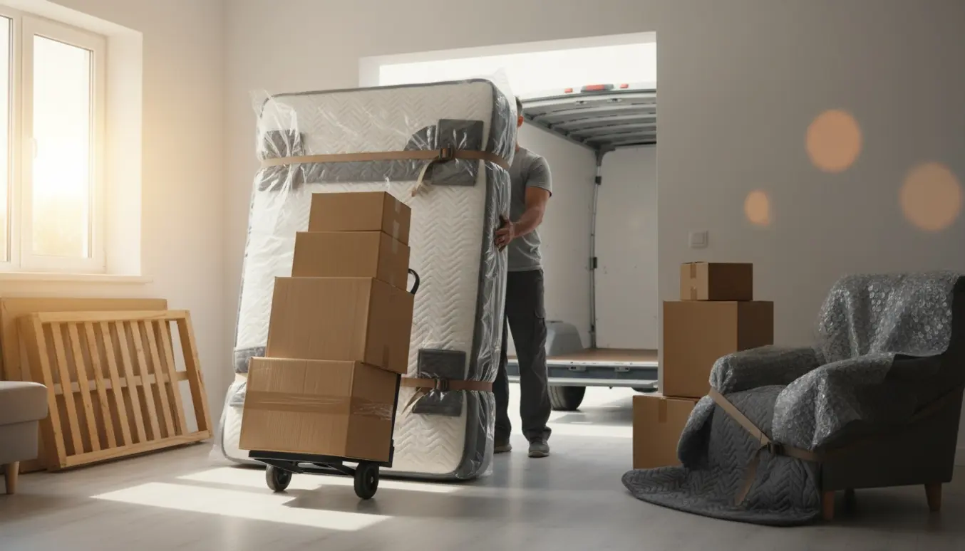 Flyttefolk læsser en indpakket stor seng og stabler flyttekasser ved en åben flyttevogn.
