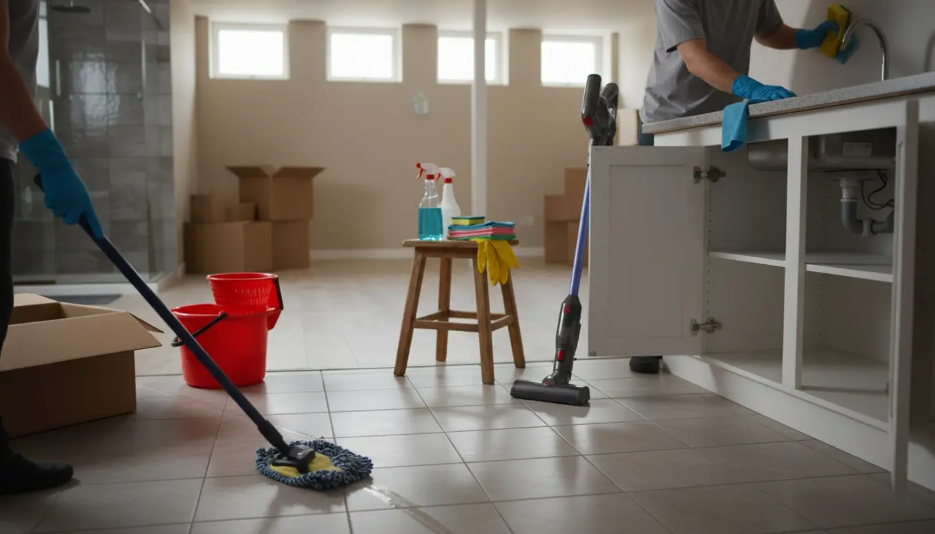 Kælderrum under flytterengøring med moppe, spand og handsker i fokus.