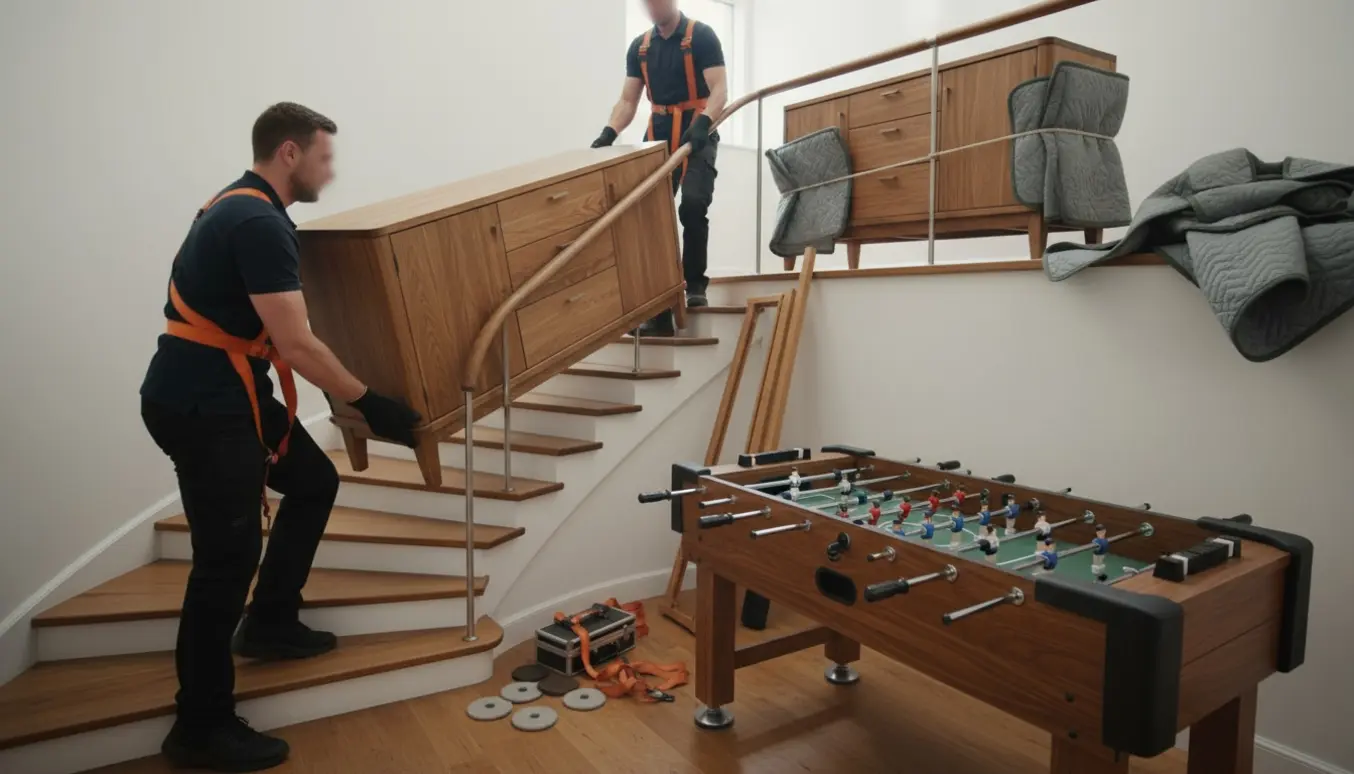 To flyttere bruger løftestropper til at bære et tungt egetræs-skænk op ad en trappe, mens et teakskænk og et benløst bordfodbold står pakket på reposen.
