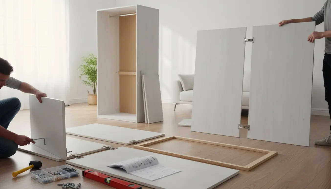 To personer samler to fladpakkede skabe i en lys stue med værktøj og dele organiseret på gulvet.