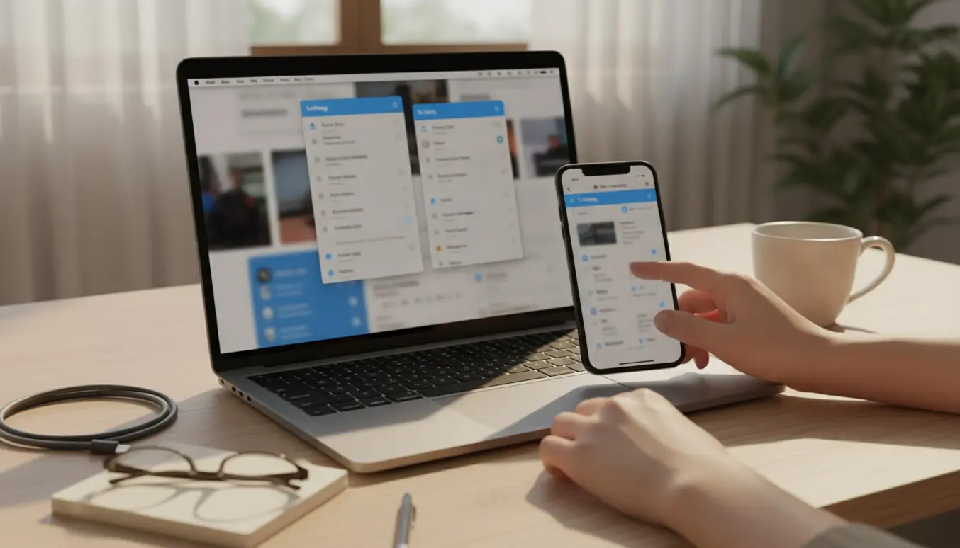 Hånd betjener iPhone ved siden af en MacBook med slørede indstillings- og mailskærme på et skrivebord.