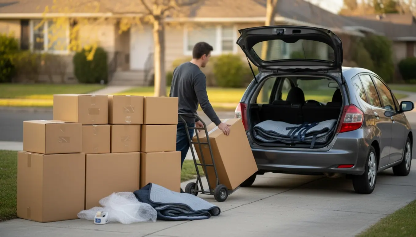 Mand læsser cirka 20 flyttekasser i bilens bagagerum på en stille villavej.