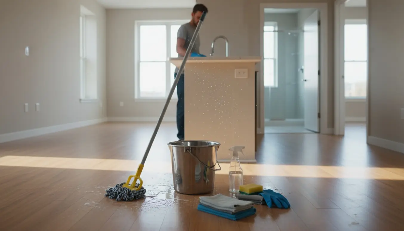 Umøbleret lejlighed under hovedrengøring med moppe, spand og en person, der tørrer køkkenbordet.