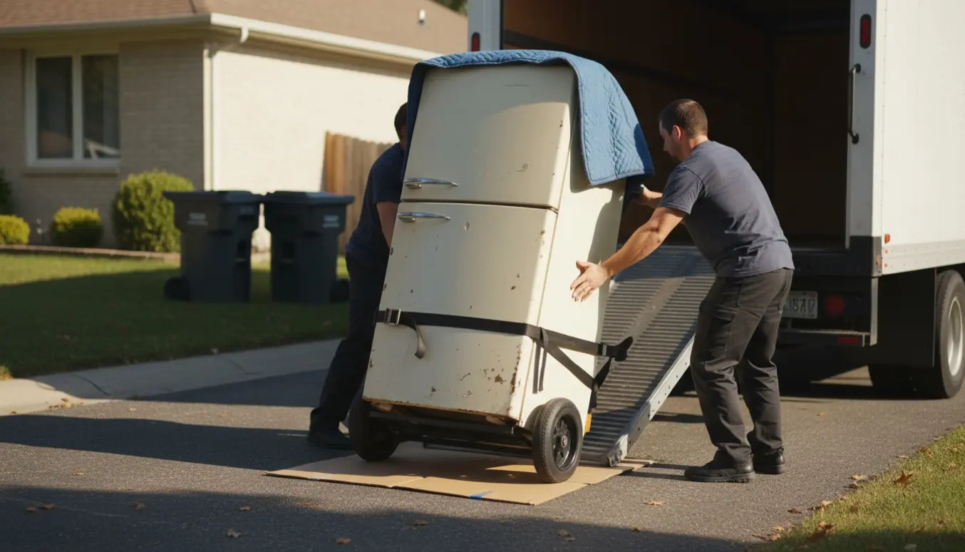 To mænd løfter et gammelt køleskab ind i en varevogn på en indkørsel, klar til bortskaffelse.