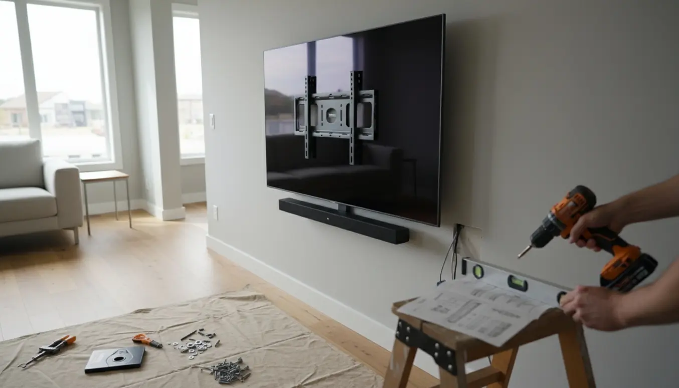 Nærbillede af montage af et stort 77" TV og soundbar på en tom væg i en ny stue, med værktøj og beslag i forgrunden.