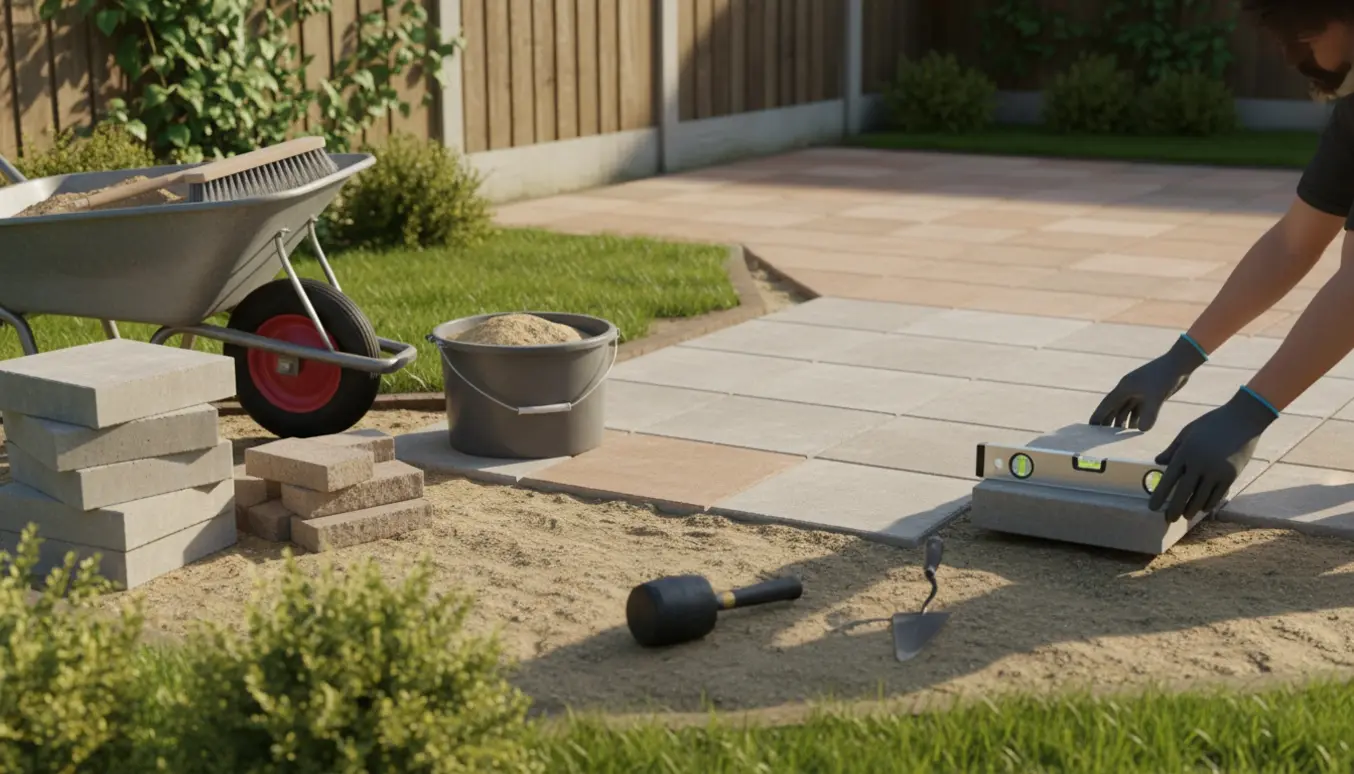 Hænder lægger nye 30 x 30 fliser og lidt kantsten i et hjørne af en have.