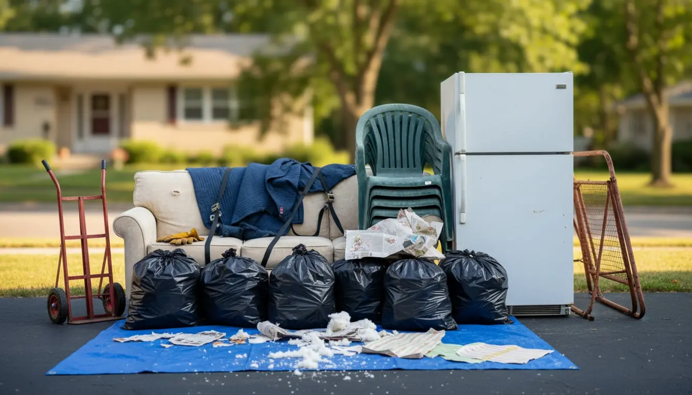 Fortovsstak af affald med sofa, køleskab, havestole, sække og et gammelt gyngestativ klar til afhentning.
