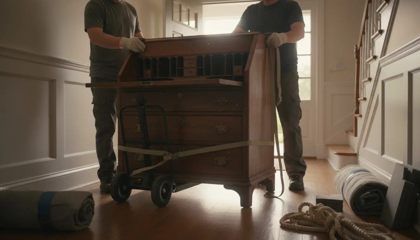 Et tungt antikt chatol med åben skriveklap løftes i en smal opgang af to personer uden synlige ansigter.