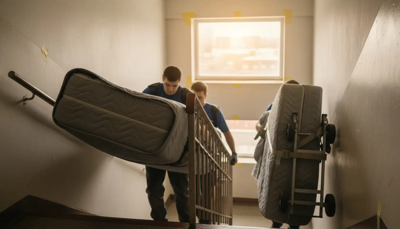 Flyttefolk bærer en stor madras og indpakkede sengerammer op ad en smal opgang.