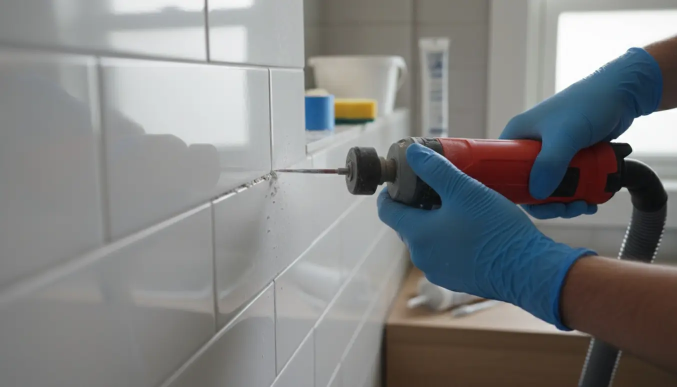 Nærbillede af hænder, der udfræser gamle flisefuger i et lyst badeværelse med støvsuger til støvopsamling.