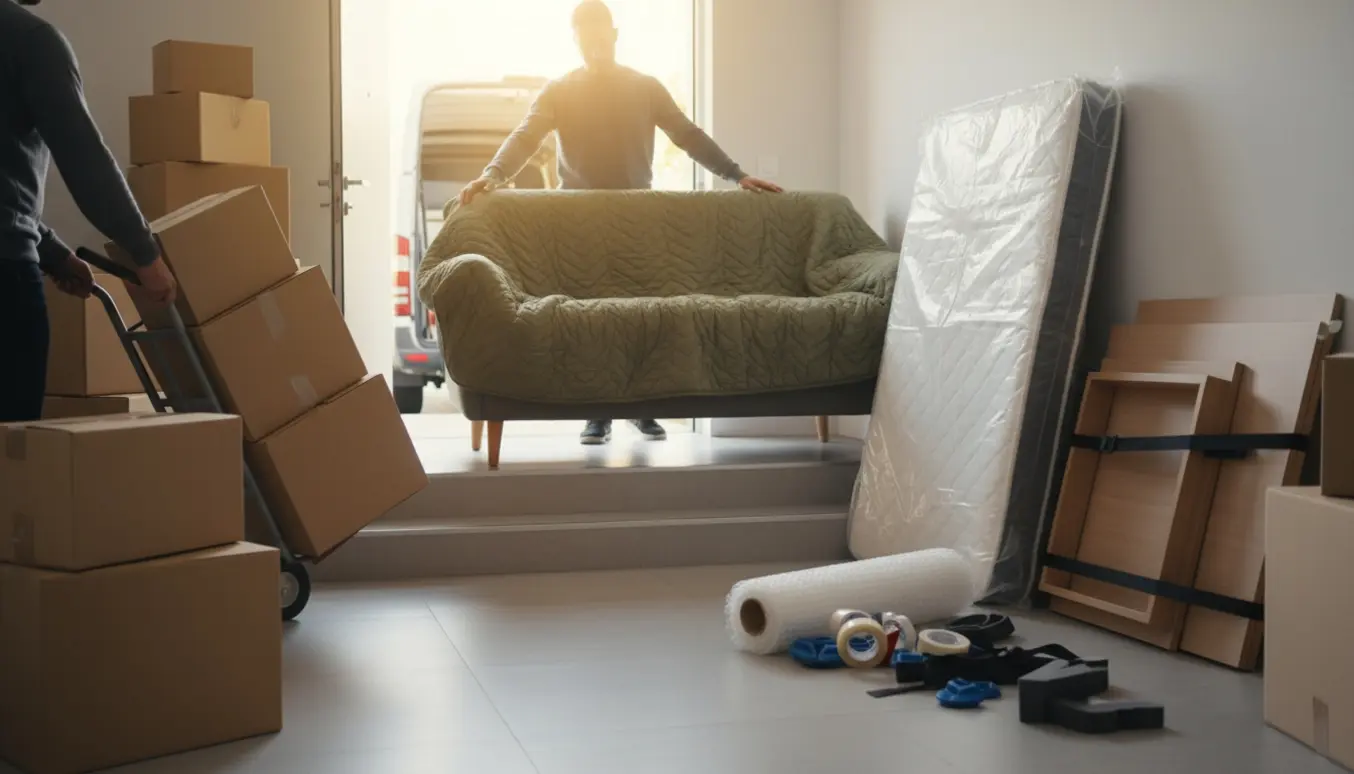 Flyttefolk bærer møbler og flyttekasser fra en lejlighed mod en varevogn, ansigter skjult.