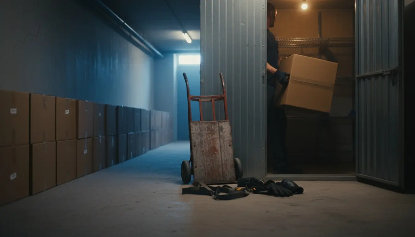 Kraftig person bærer tunge flyttekasser mellem et kælderrum og kældergang med håndtrailer og udstyr klar.