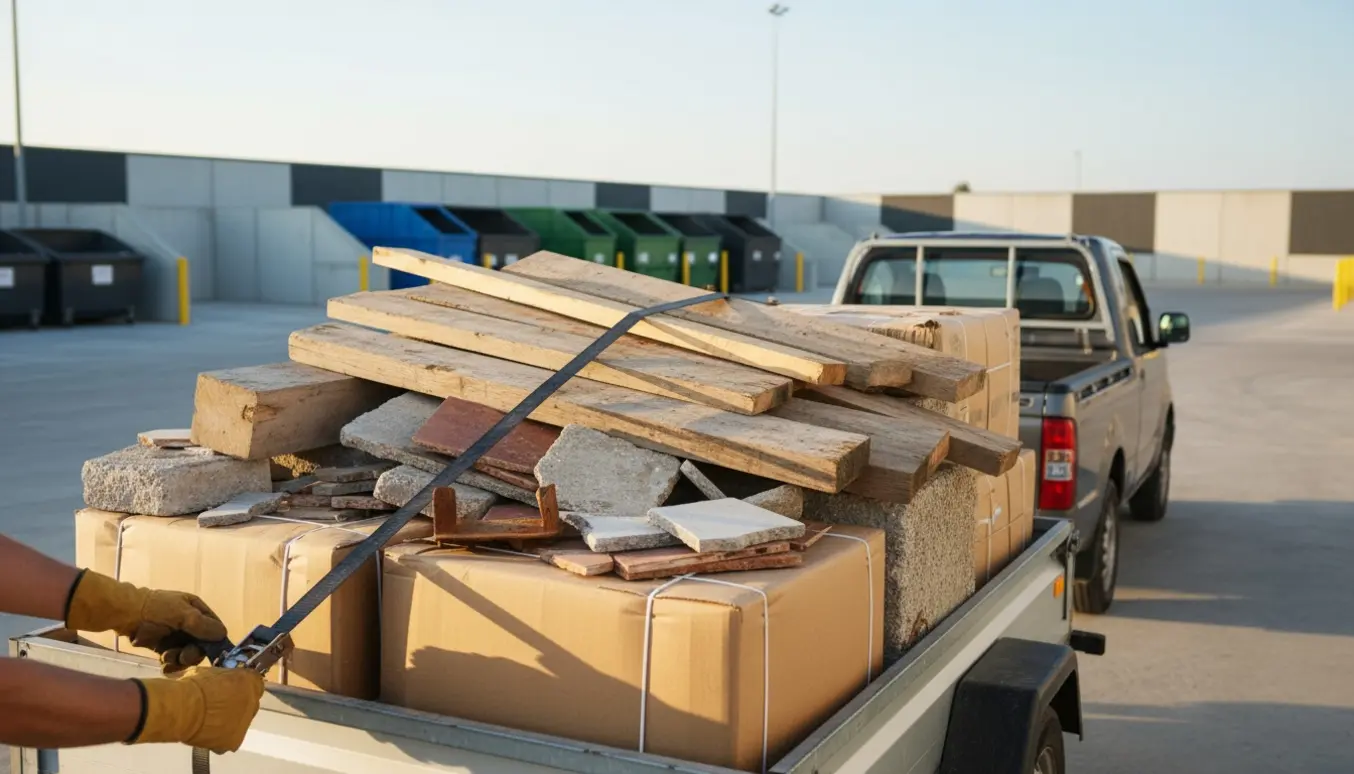 Trailer læsset med beton, træ og pap ved en genbrugsplads, mens en person spænder en strop.