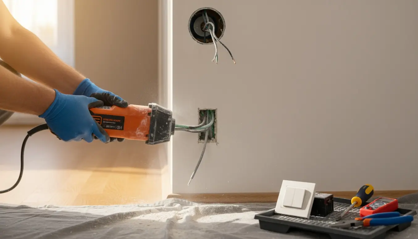 Elektriker fræser føringskanal i en entré med eksponerede kabler og en intakt klemrække i loftet.
