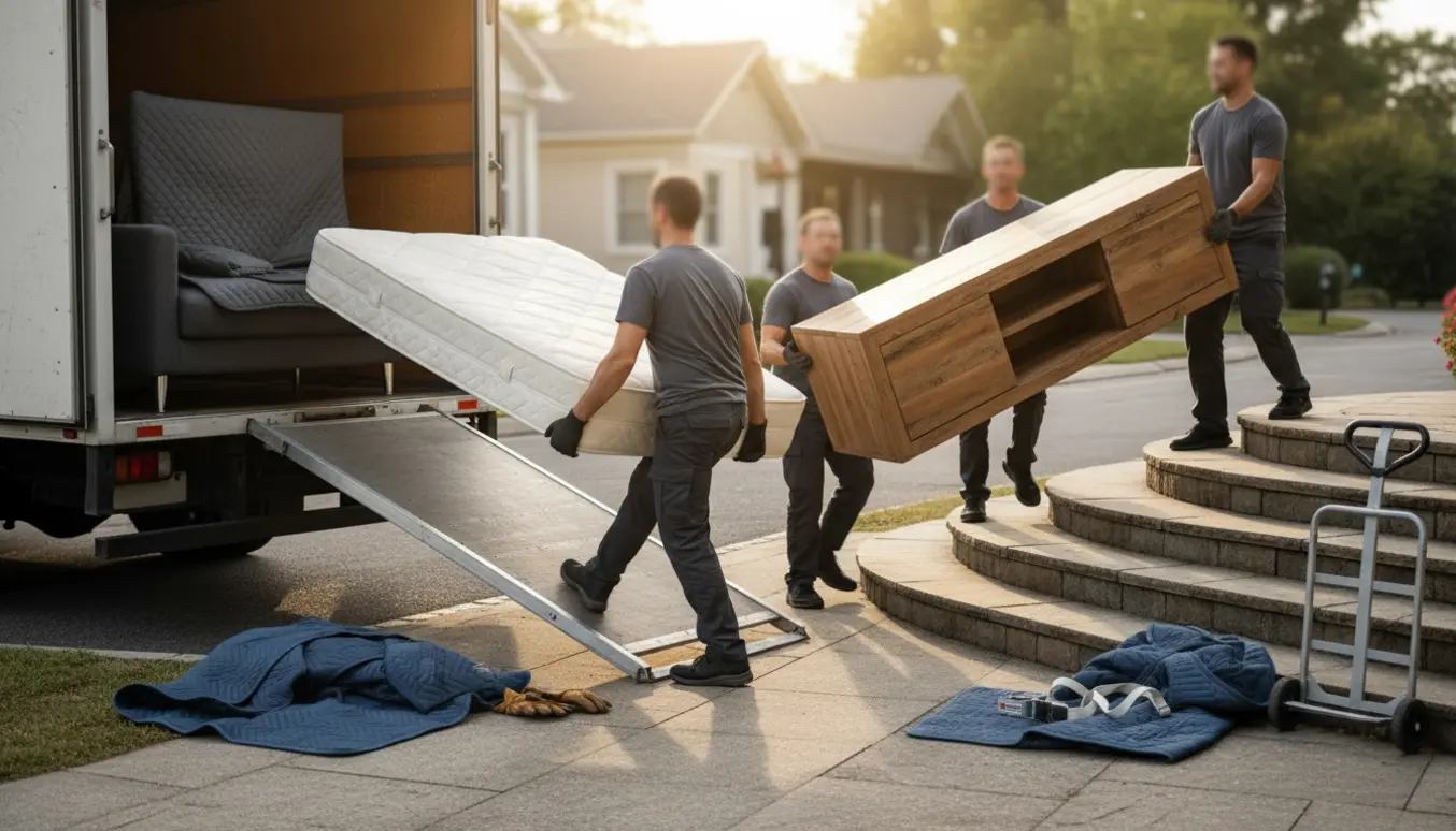 Flere hjælpere løfter seng og tv-bord fra en flyttebil op ad en let buet trappe til 1. etage.