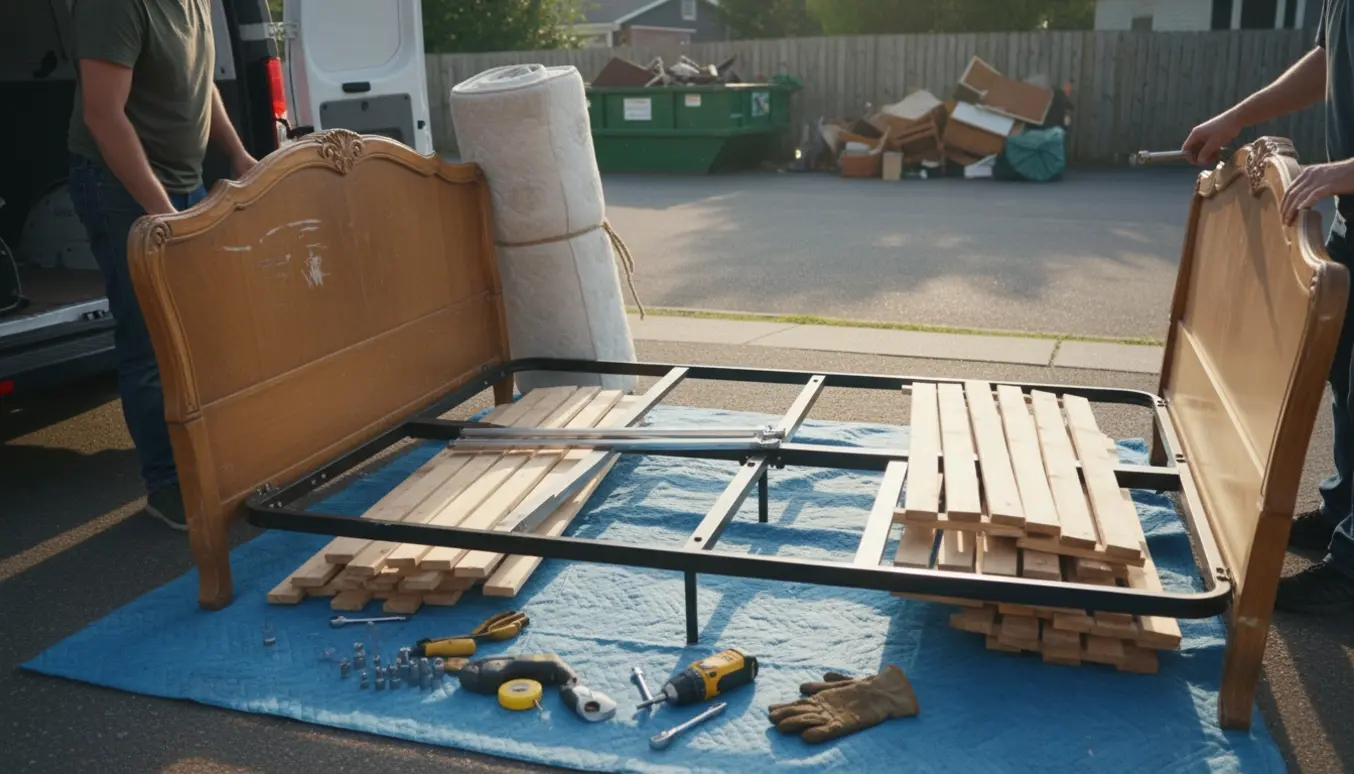 Delvist adskilt king-size seng og madras ved en varevogn klar til aflevering på genbrugspladsen.