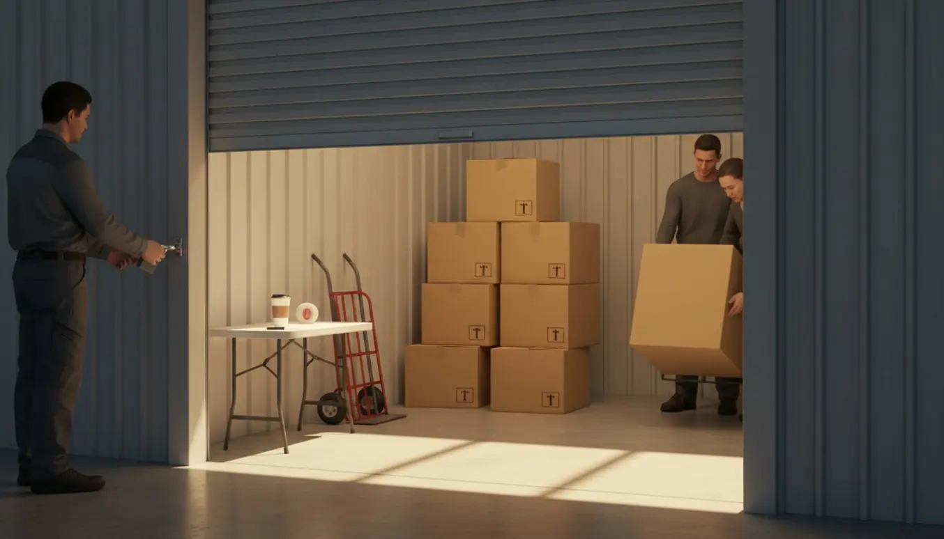 Åbent opbevaringsrum med stabler af flyttekasser, en person der låser op og to flyttemænd, der læsser kasser på en tralle.