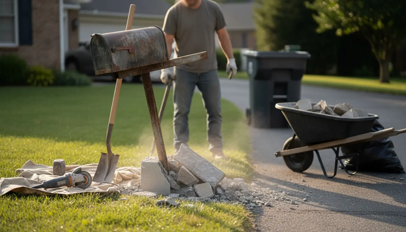 Brudt betonfundament med gammel postkasse og værktøj klar til bortskaffelse.