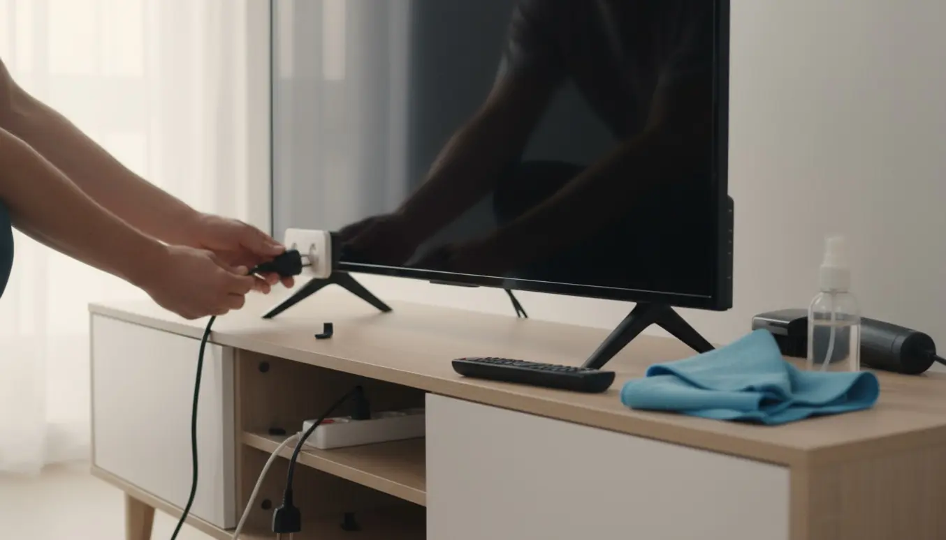 Hænder sætter tv'ets strømstik i stikkontakten foran et mørkt tv med rengøringsklud og spray i baggrunden.