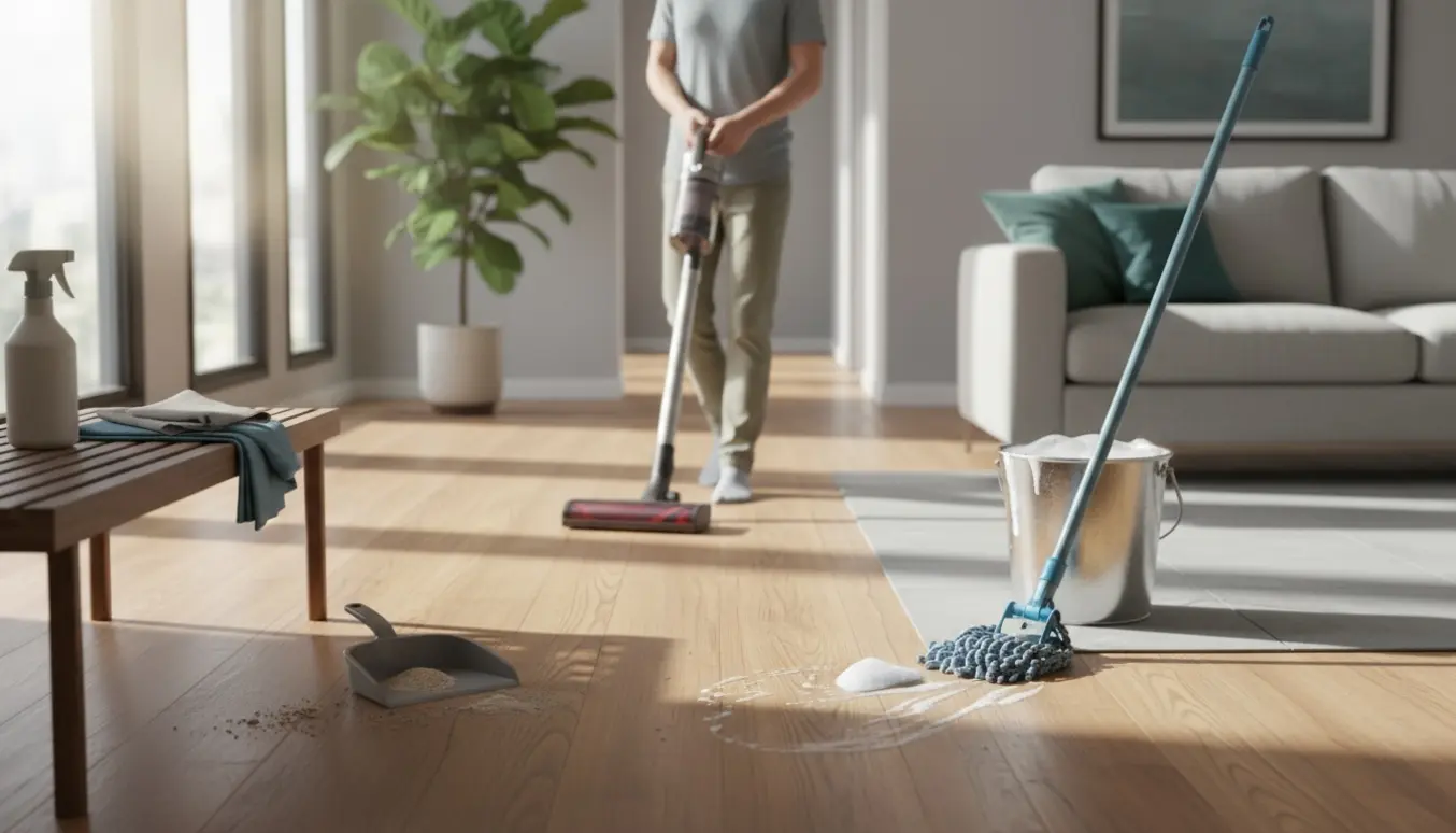 Støvsugning og gulvvask i en lys, ryddelig stue med moppe og spand.