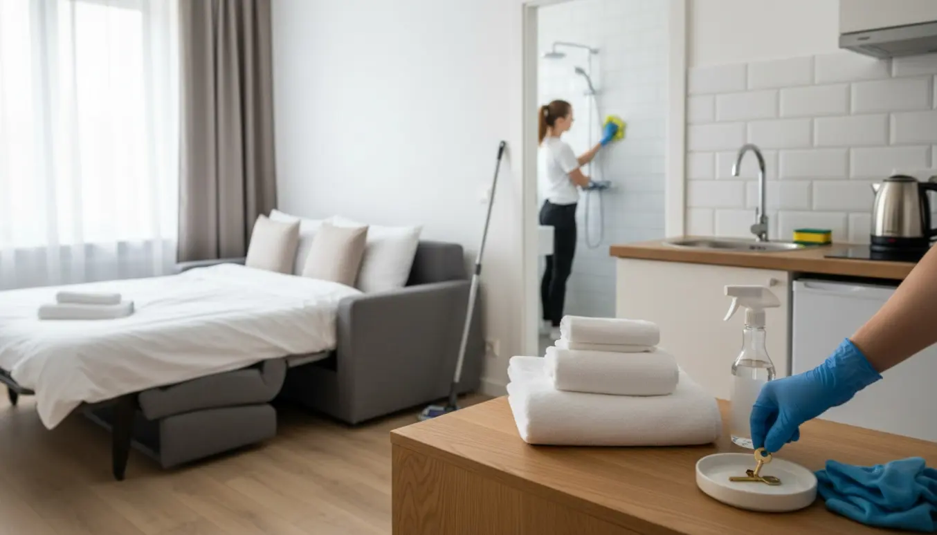 Glovet hånd lægger nøgler på en bakke i en nyoprydget toværelses lejlighed under udlejningsskifte.