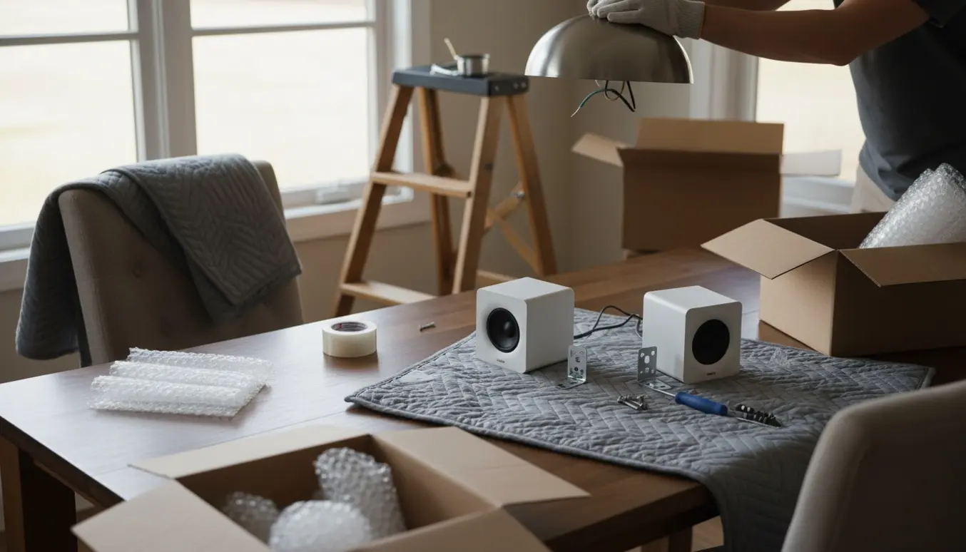 Hænder afmonterer en loftslampe over et spisebord med højttalere og flyttekasser i baggrunden.