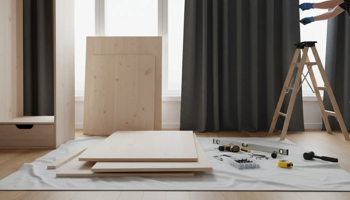 Hænder sætter mørklægningsgardin op i en lys lejlighed, mens et fladt pakkeskab samles med værktøj i forgrunden.