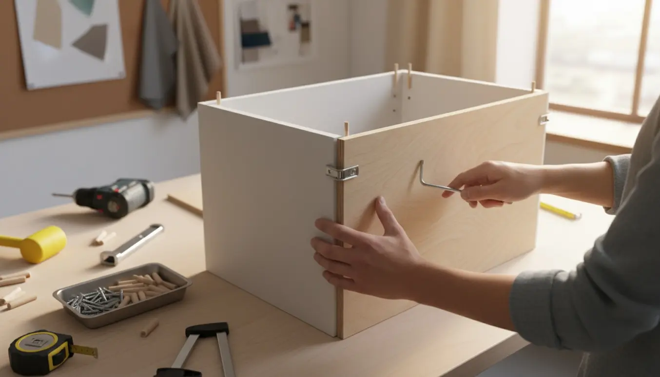 Hænder samler et fladtpakket skab i et lyst, skandinavisk designværksted.