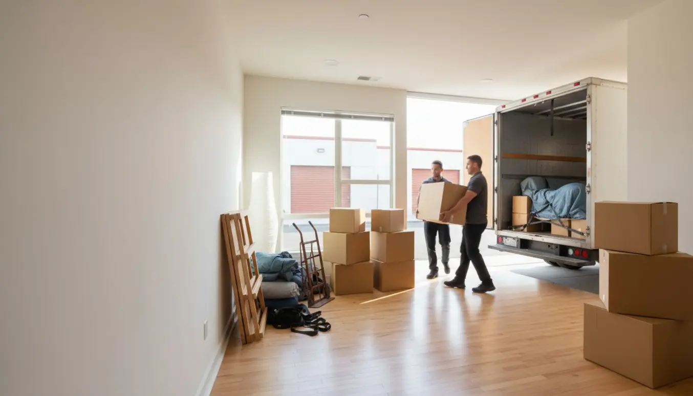 To mænd bærer flyttekasser fra en lys lejlighed ind i en åben flyttebil med tralle og flyttetæpper.