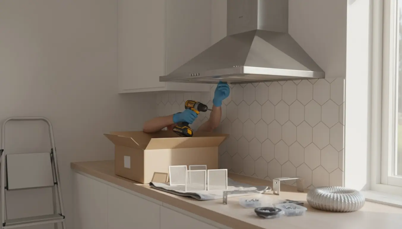 Ugens køkken: en ny emhætte i kassen klar til montering, gammel emhætte er under nedtagning, værktøj ligger fremme.
